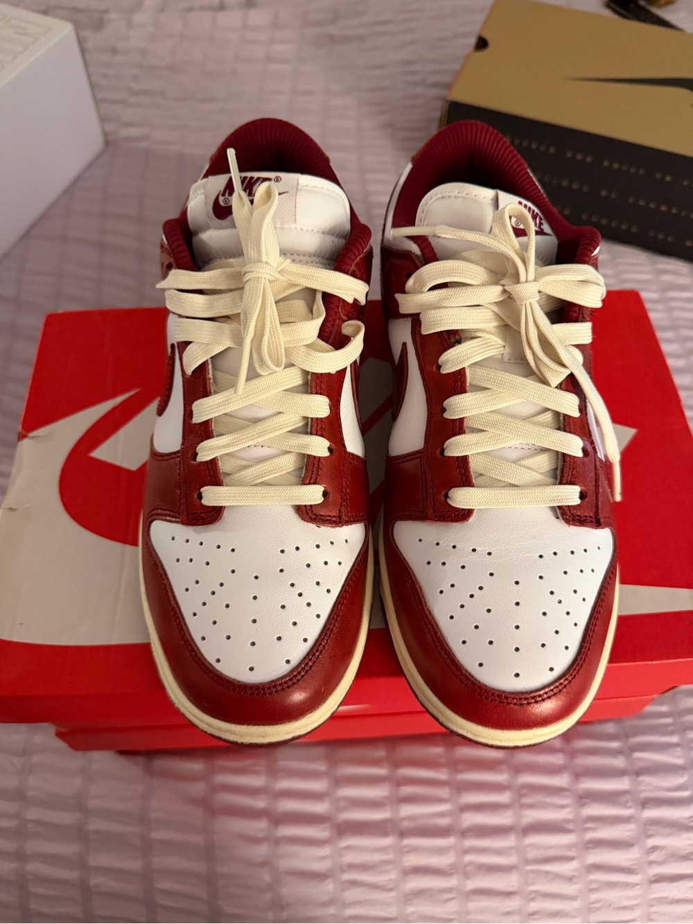 Nike Dunk Sneakers in White & Red with Cream Laces - Picture 1 of 6